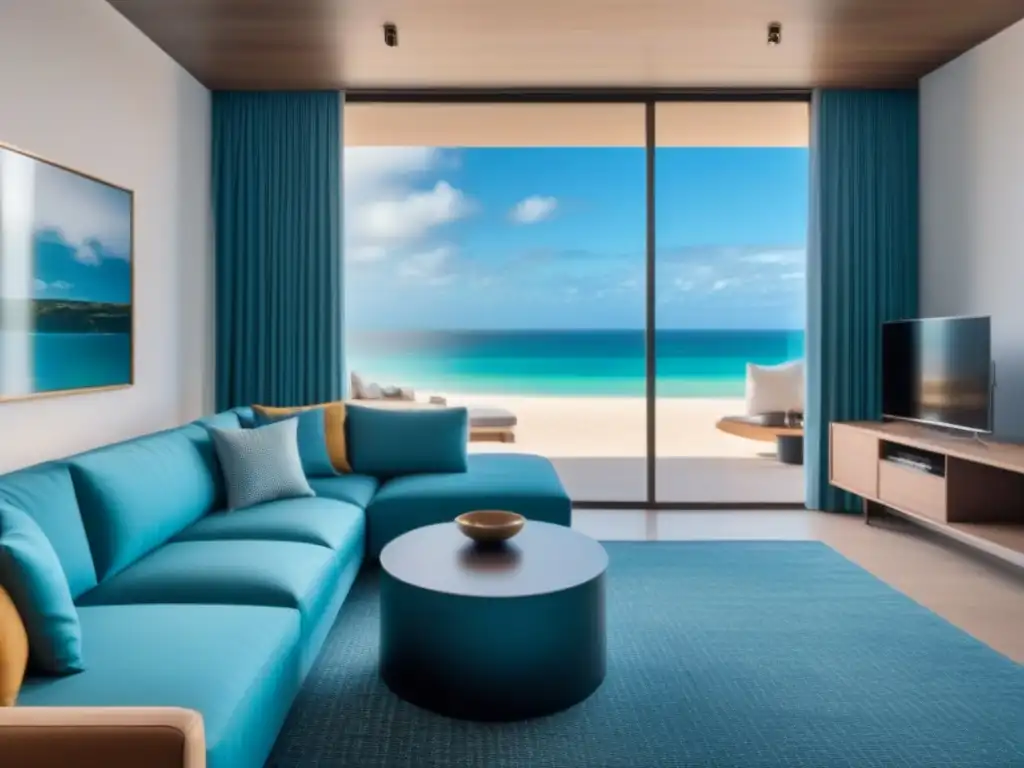 Salón moderno de lujo en propiedad vacacional con vista a la playa Un lujoso salón moderno en una propiedad de tiempo compartido, con muebles elegantes y ventanales con vista a una playa paradisíaca