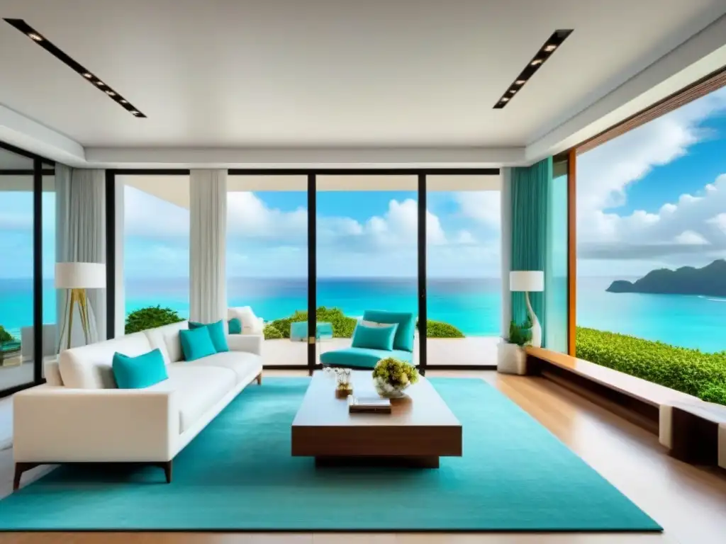 Salón tropical de lujo con vistas al mar Un lujoso salón moderno en un resort tropical, con muebles blancos y toques turquesa y dorados