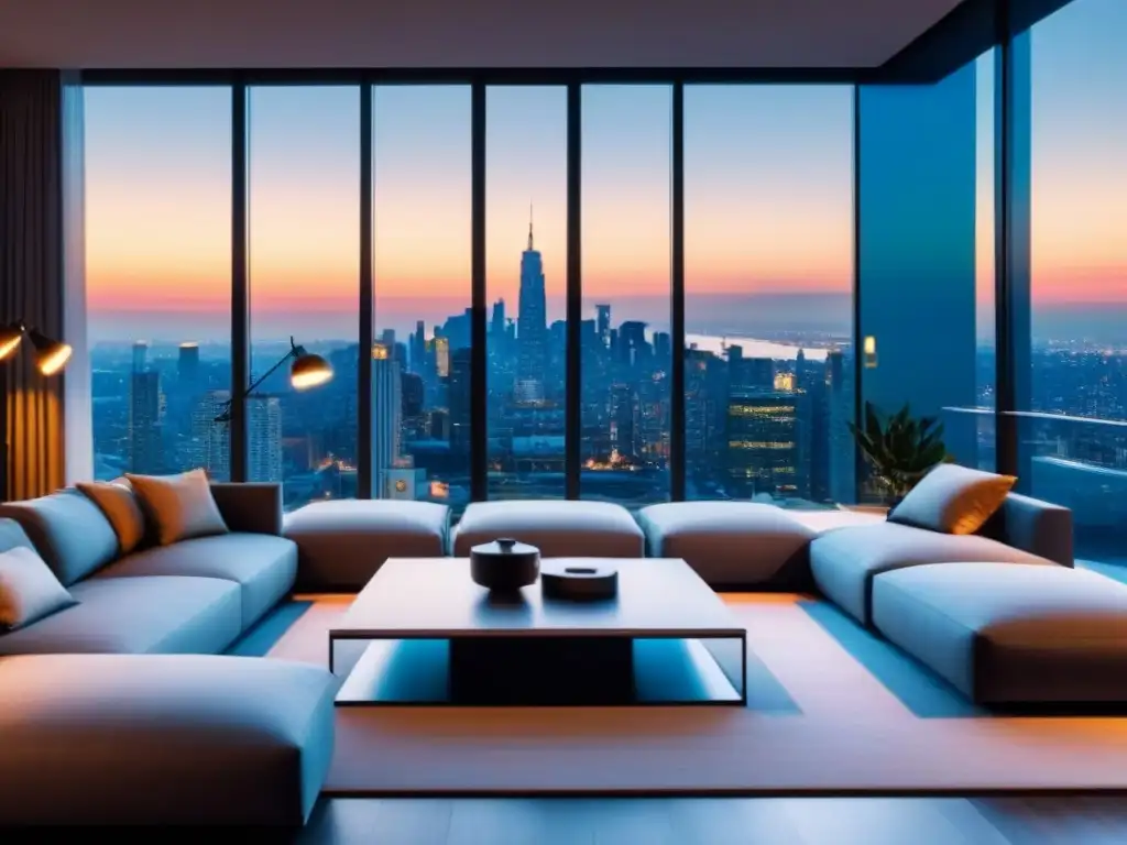 Sala de estar de lujo con vista a la ciudad al atardecer Un lujoso salón moderno con ventanales de piso a techo que dan a un impresionante horizonte urbano al atardecer