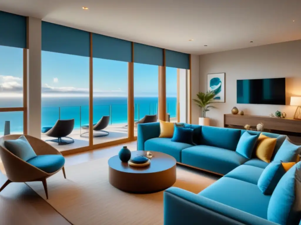 Salón de lujo en villa vacacional: elegancia y comodidad junto al mar Un lujoso salón moderno en una villa de tiempo compartido, con muebles elegantes y vistas a la playa