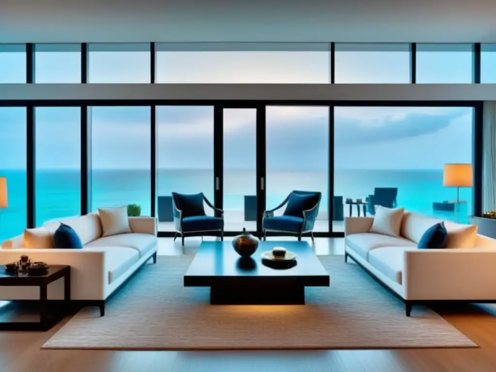 Salón moderno de lujo con vista al mar Un lujoso salón moderno con vista a la playa en una propiedad de tiempo compartido, elegante y con vista al mar