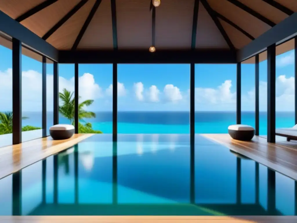 Spa de lujo en isla privada: piscina infinita y vistas al mar Un lujoso spa moderno en una isla privada, con una elegante piscina infinita y vistas al mar turquesa, rodeado de exuberante vegetación tropical