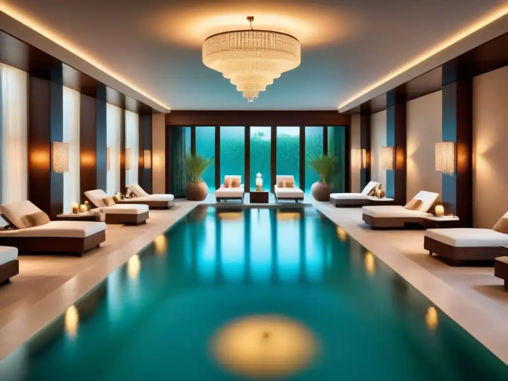 Spa de lujo: piscina serena y elegancia Un lujoso spa en un resort de lujo con piscina interior, pilares de mármol, toallas blancas y una iluminación suave