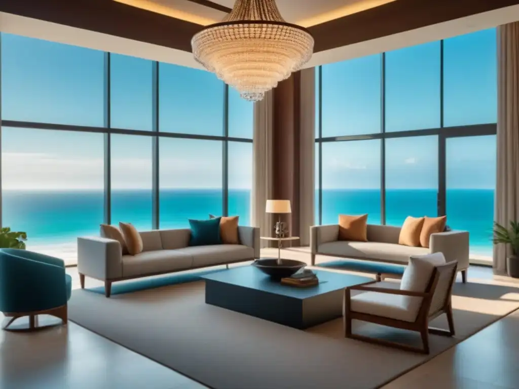 Salón de lujo en resort: comunicación efectiva entre copropietarios Un lujoso vestíbulo de resort moderno con mobiliario minimalista, una gran araña colgando del techo alto y amplias ventanas con vista al océano