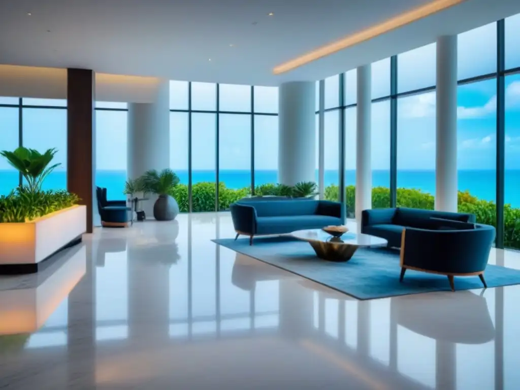 Un lujoso vestíbulo de resort moderno y sereno con suelos de mármol, muebles contemporáneos y ventanales que muestran una impresionante vista al mar