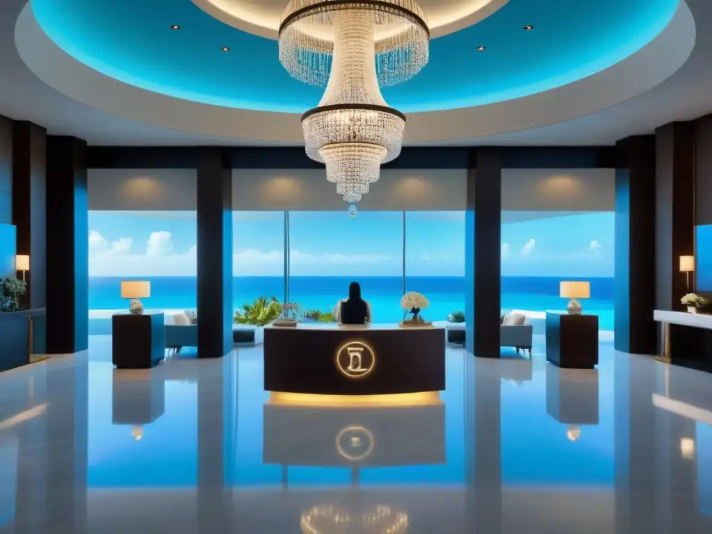 Check-in de lujo frente al mar: errores en reventa de tiempos compartidos Un lujoso vestíbulo de resort moderno con suelos de mármol, arte contemporáneo y un imponente candelabro