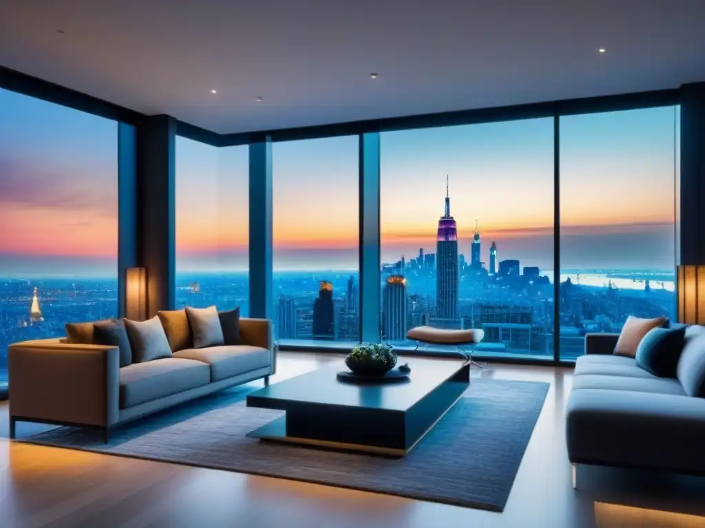 Penthouse de lujo con vista panorámica a la ciudad Penthouse lujoso con vista a la ciudad, diseño moderno, arte elegante y mobiliario contemporáneo
