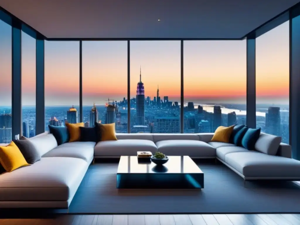 Penthouse de lujo con vistas panorámicas al atardecer Penthouse lujoso con vista urbana al atardecer, mobiliario contemporáneo y detalles opulentos