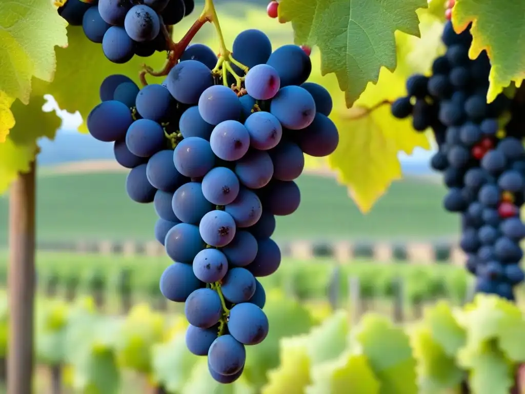 Uvas jugosas en viñedo soleado: inversión en vino Maduras uvas brillantes en viñedo soleado, con colinas y cielo azul