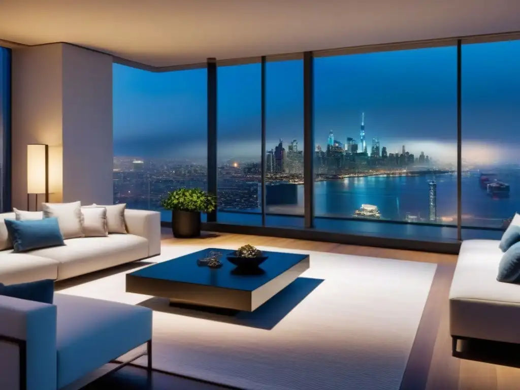 Penthouse de lujo con vista nocturna a la ciudad en 8k Convertirse en magnate de propiedades de lujo: Penthouse moderno con vista nocturna de la ciudad, diseño elegante y sofisticado