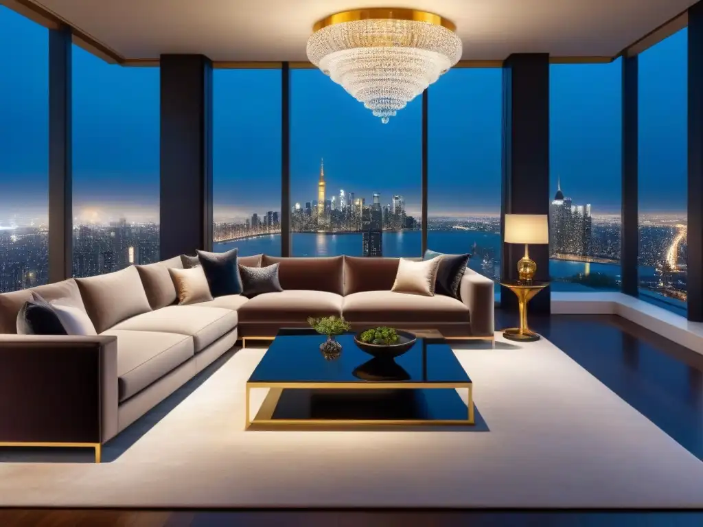 Penthouse de lujo en rascacielos: vista nocturna de la ciudad Convertirse en magnate de propiedades de lujo: penthouse moderno con vista panorámica de la ciudad de noche, lleno de opulencia y sofisticación