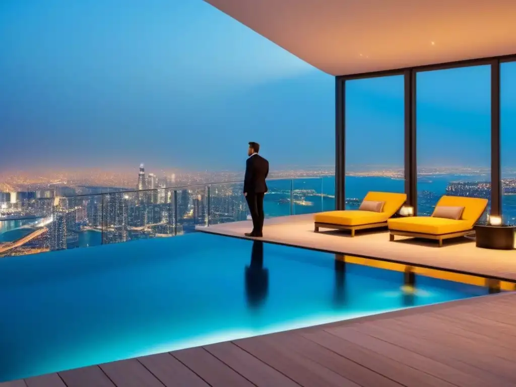 Penthouse de lujo con terraza y piscina infinita en la ciudad de noche Convertirse en magnate de propiedades de lujo: Penthouse moderno con vista a la ciudad de noche y piscina infinita