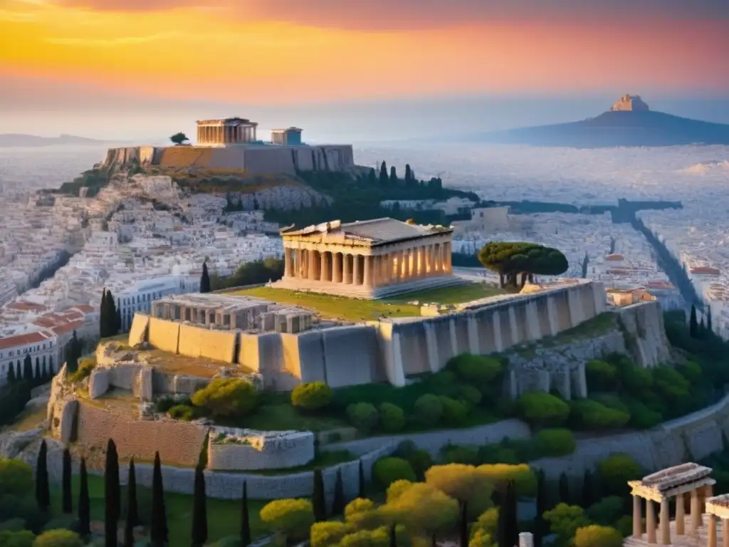 Majestuosa Acropolis de Atenas al atardecer La majestuosa Acrópolis de Atenas al atardecer, fusionando lo antiguo con lo moderno