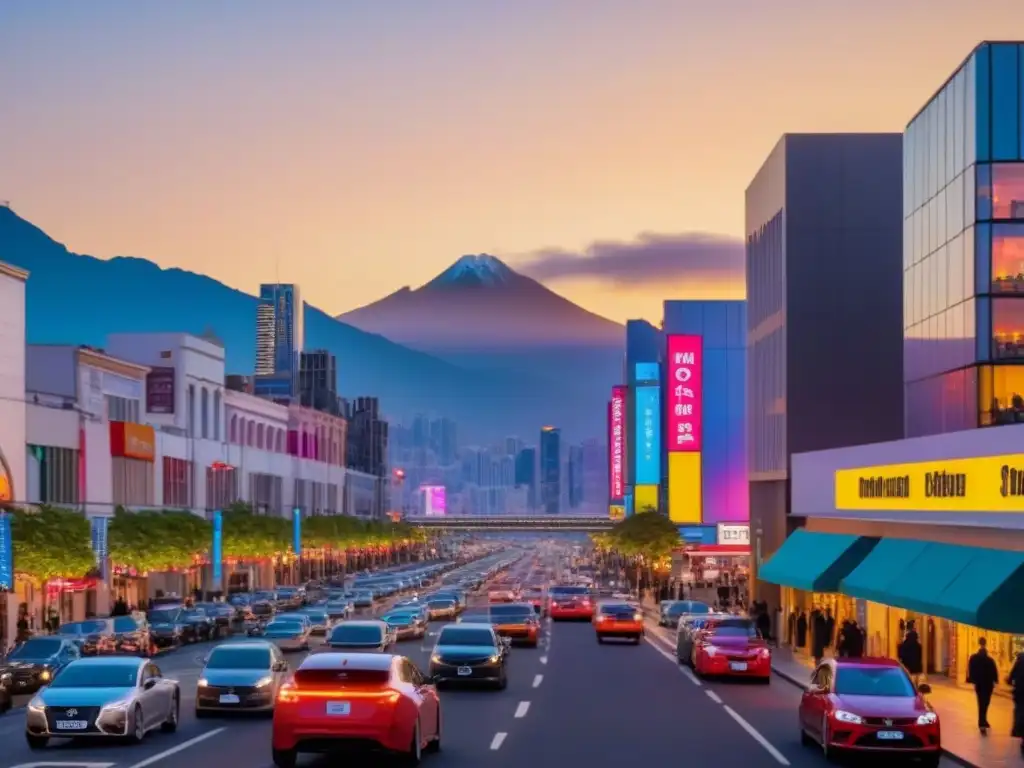 Metrópolis moderna al atardecer: lujo y vibrante actividad urbana Una majestuosa ciudad al atardecer con rascacielos modernos y gente transitando, ideal para inversión inmobiliaria internacional ubicación comercial
