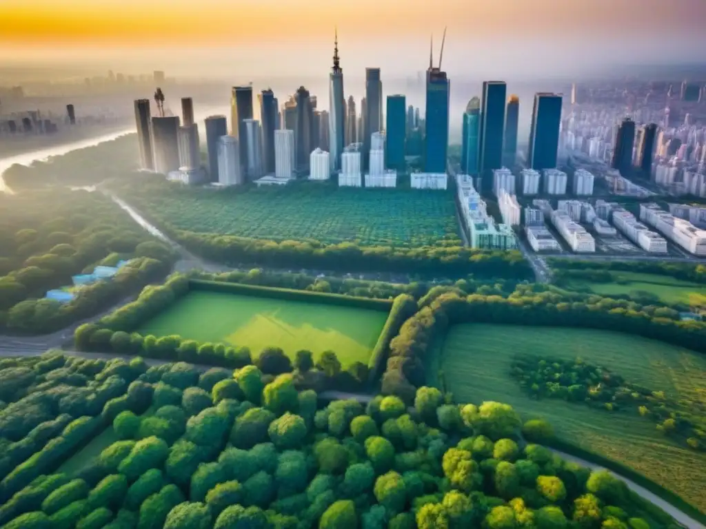 Metrópolis: armonía y contraste entre rascacielos y naturaleza La majestuosa ciudad con rascacielos y un parque verde, refleja el impacto ambiental de las megaconstrucciones en contraste con la naturaleza