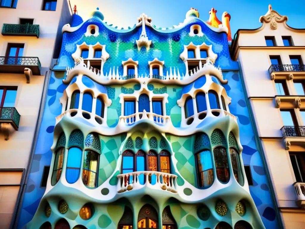 Fachada colorida de Casa Batlló: detalle único de Gaudí La majestuosa fachada de Casa Batlló en Barcelona, un icono del modernismo y Patrimonio de la Humanidad