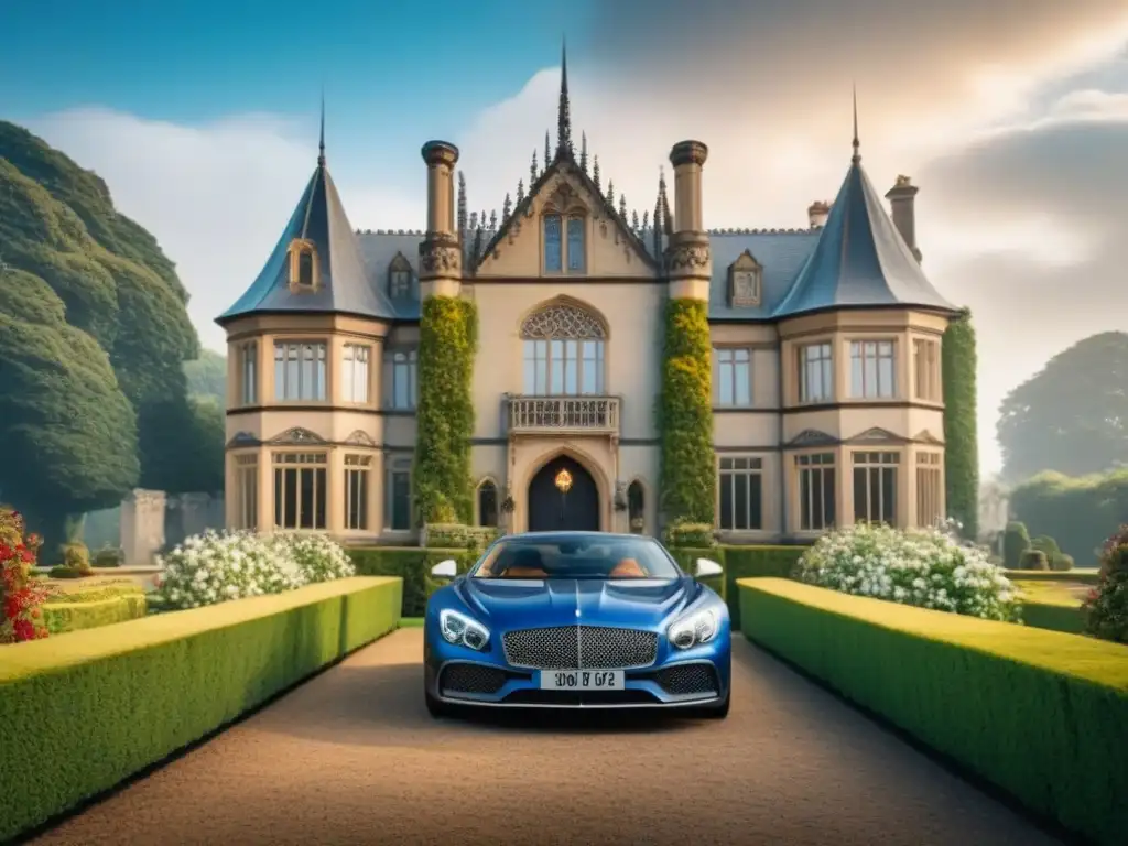 Esplendor gótico: mansión histórica y jardín exuberante Majestuosa mansión gótica rodeada de jardines, vallas de hierro forjado y coches de lujo