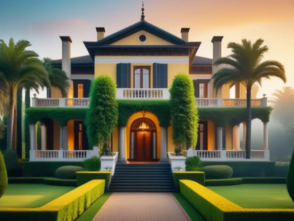 Majestuosa mansión histórica entre jardines exuberantes al atardecer Una majestuosa mansión histórica rodeada de exuberantes jardines, resplandeciendo al atardecer