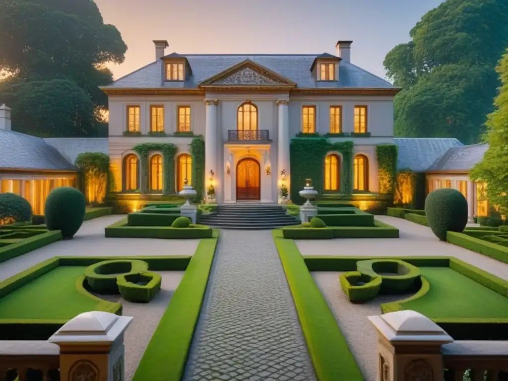 Espléndida mansión histórica entre jardines verdes Majestuosa mansión histórica rodeada de exuberantes jardines y detallado paisajismo, bañada por la cálida luz del atardecer