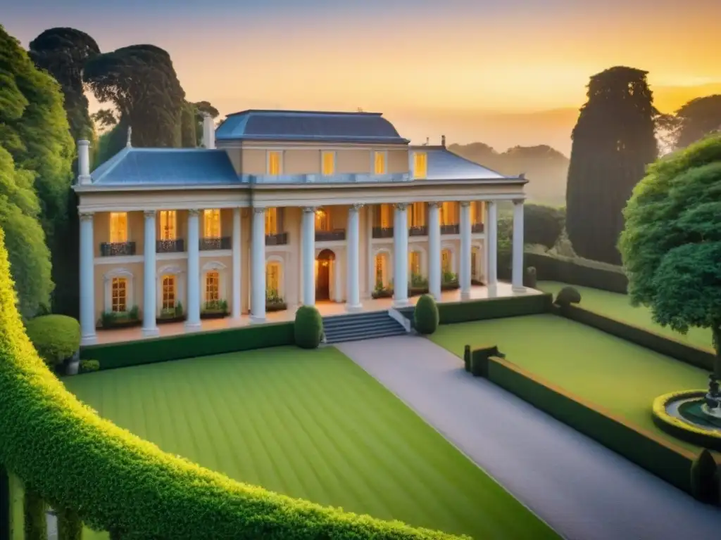 Majestuosa mansión aristocrática en jardines verdes Majestuosa mansión aristocrática rodeada de exuberantes jardines y árboles altos al atardecer