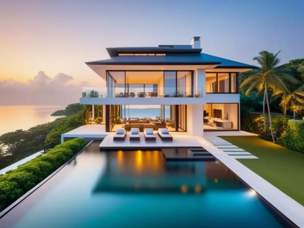 Mansión de lujo frente al mar al atardecer Una majestuosa propiedad de lujo frente al agua al atardecer, con una mansión moderna, piscina infinita y un jardín exuberante