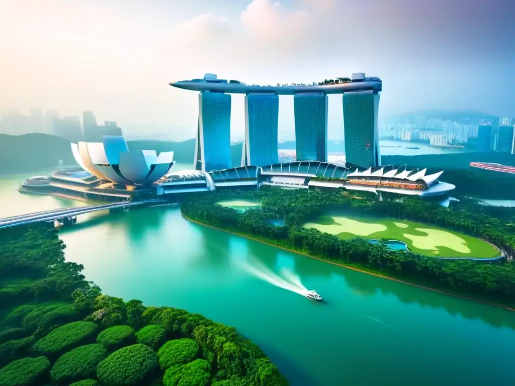 Vista aérea impresionante de Singapur: Marina Bay Sands y skyline futurista La majestuosa silueta urbana de Singapur con Marina Bay Sands y modernos rascacielos