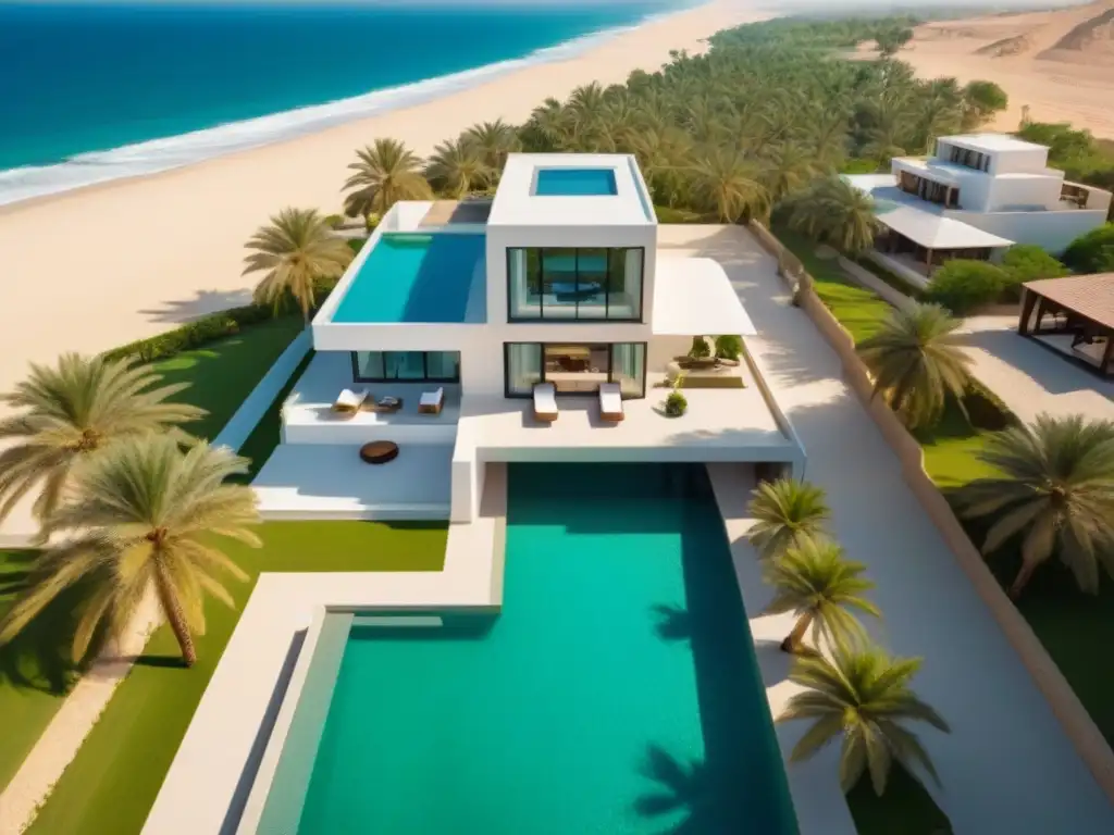 Villa de lujo frente al mar en Omán: atardecer dorado Una majestuosa villa de lujo en la playa de Omán con vistas al mar turquesa y atardecer dorado