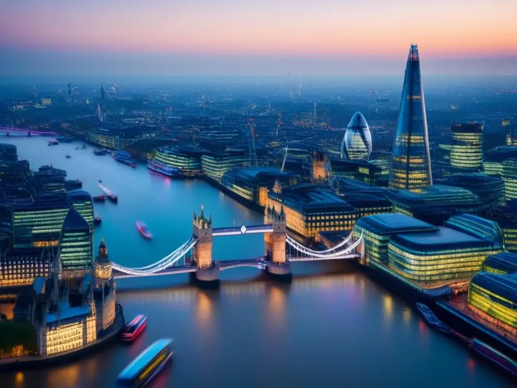 Vista aérea emocionante de Londres al anochecer: mezcla de historia y modernidad La majestuosa vista aérea de Londres al anochecer, con emblemáticos lugares como el Puente de la Torre, el Shard y el London Eye iluminados