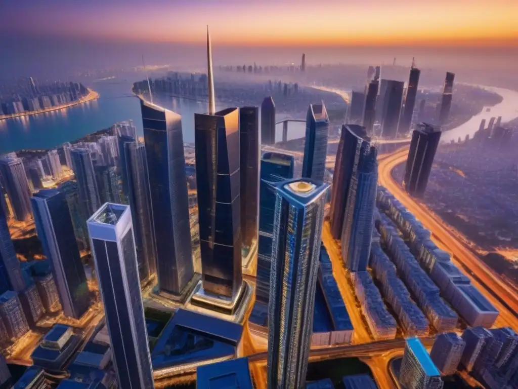 Horizonte urbano al atardecer: ciudad moderna y próspera La majestuosidad de una ciudad al atardecer, con rascacielos brillantes en la hora dorada