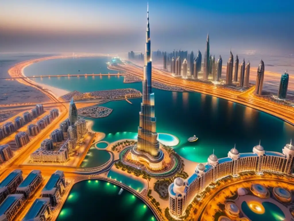 Esplendor urbano: Skyline futurista de Dubai con el Burj Khalifa La majestuosidad de la inversión en propiedades de lujo en Medio Oriente, reflejada en el icónico Burj Khalifa y modernos rascacielos de Dubai