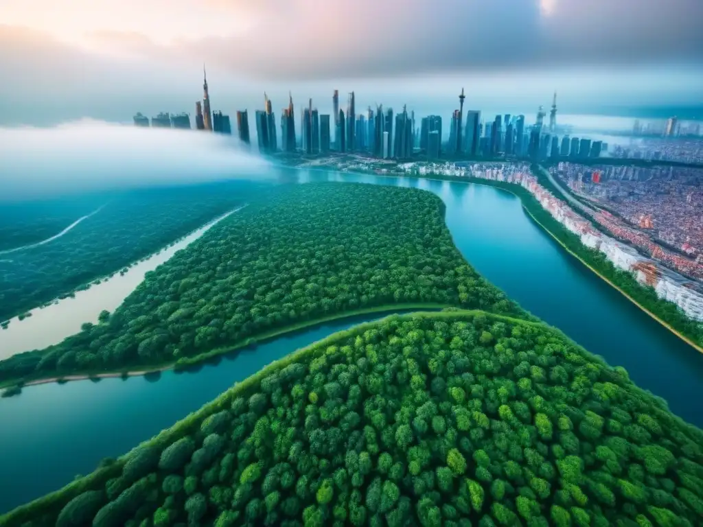 Contraste urbano-natural: megaconstrucciones y entorno sereno La majestuosidad de megaconstrucciones urbanas contrasta con la serenidad de la naturaleza, destacando el impacto ambiental de la inversión