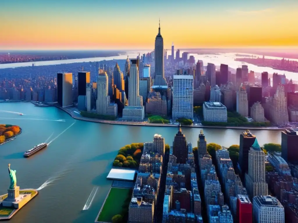 Esplendor dorado: Atardecer en la icónica ciudad de Nueva York Un majestuoso atardecer sobre el icónico horizonte de Nueva York con Inversión inmobiliaria internacional en Nueva York