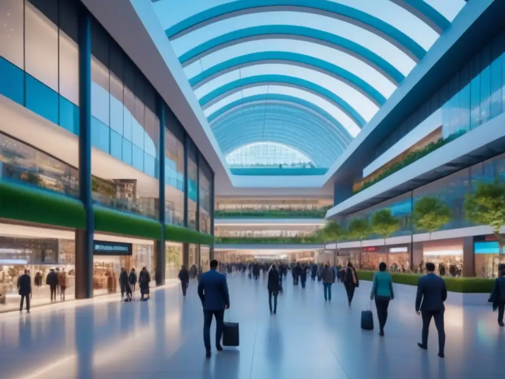 Centro comercial futurista de lujo, escenario de ingresos pasivos Un majestuoso centro comercial internacional futurista y vibrante, representando ingresos pasivos mercado inmobiliario internacional