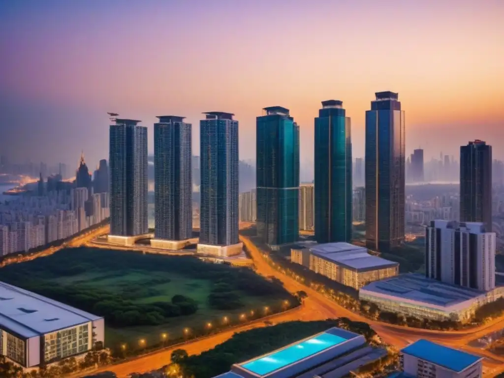 Condominio de lujo en ciudad internacional al anochecer Un majestuoso complejo de condominios de lujo en una ciudad internacional, reflejando el atardecer
