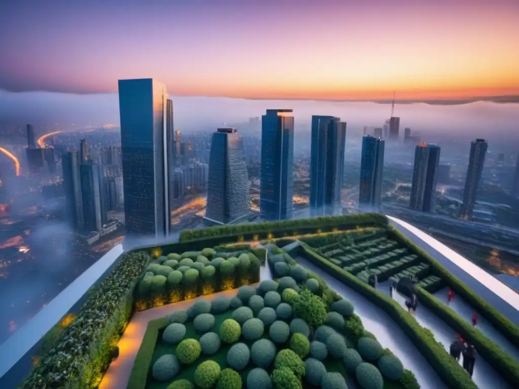 Desarrollo urbano de lujo con arquitectura contemporánea y jardines en la azotea al atardecer Un majestuoso desarrollo integrado de alta gama con arquitectura contemporánea y ventanales de piso a techo que reflejan el bullicioso paisaje urbano