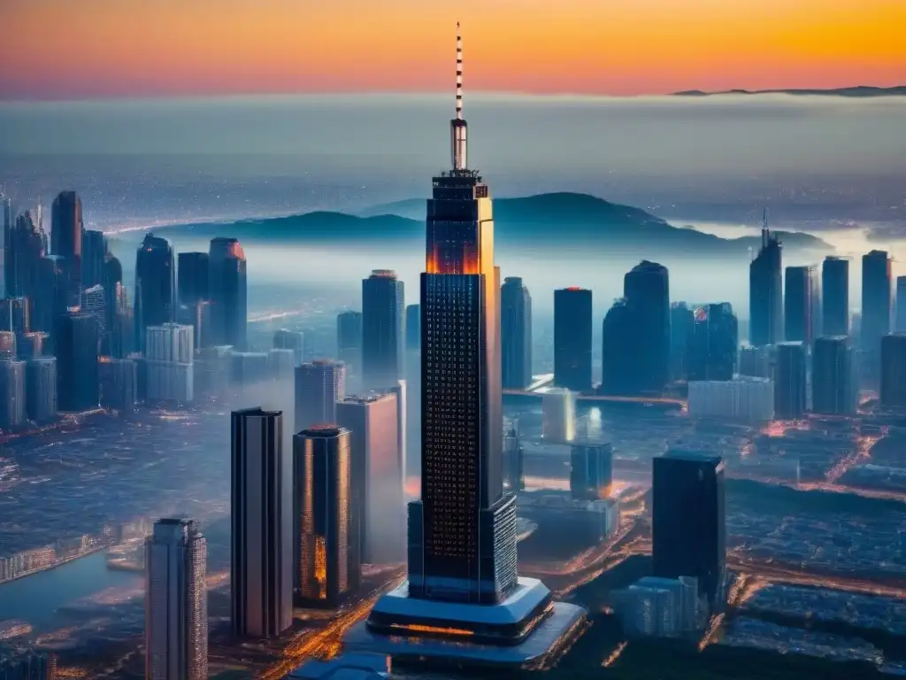 Espectacular rascacielos futurista en la ciudad al atardecer El majestuoso rascacielos moderno se alza sobre la ciudad al anochecer, reflejando la luz dorada del sol