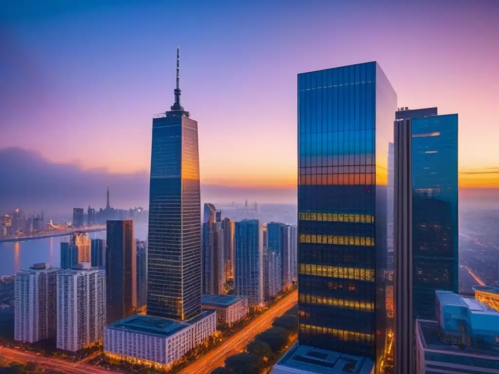 Un majestuoso rascacielos moderno con una fachada de cristal, reflejando el horizonte urbano al atardecer, transmitiendo sofisticación y elegancia