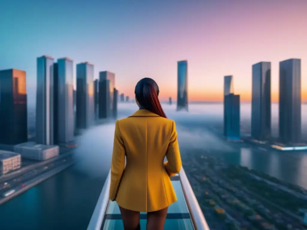 Rascacielos moderno bajo el atardecer dorado: símbolo de adaptabilidad en el mercado inmobiliario poscrisis Majestuoso rascacielos reflejando tonos dorados del atardecer, con paisaje urbano vibrante