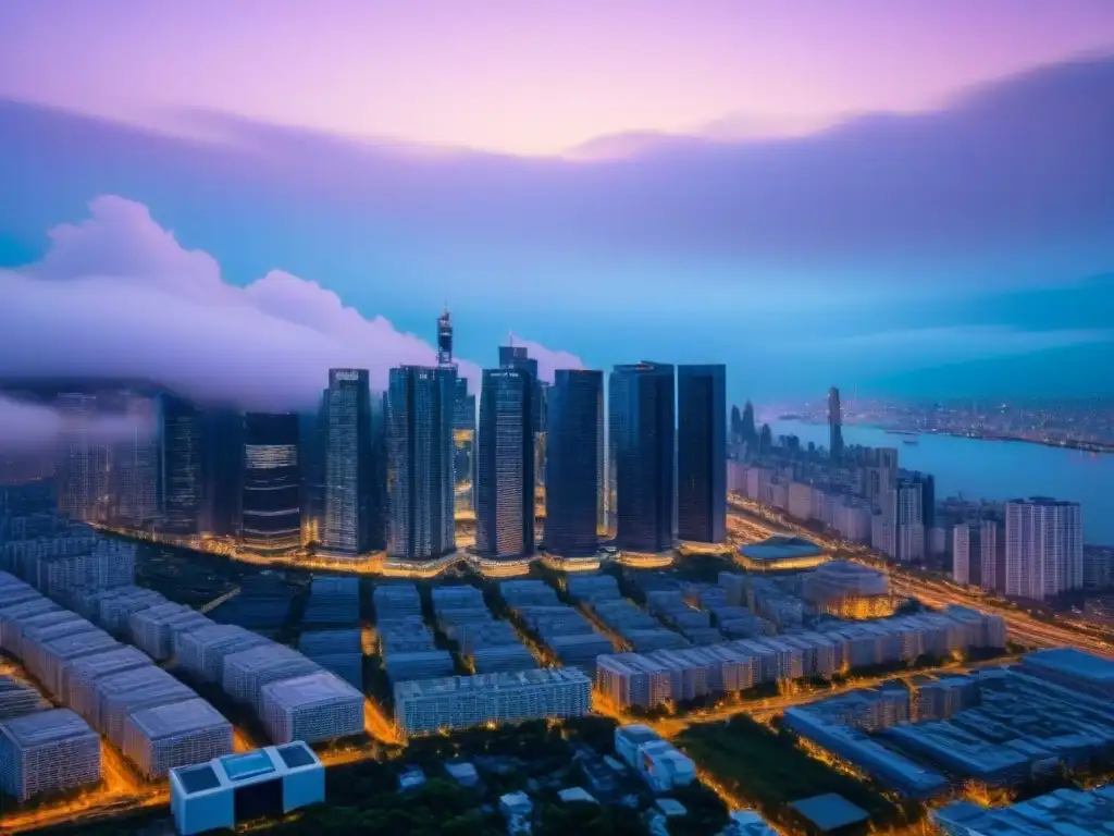 Majestuoso skyline urbano al anochecer, iluminado con luces vibrantes