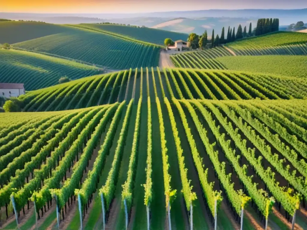 Viñedos dorados al atardecer: belleza natural en armonía humana Un majestuoso viñedo al atardecer con inversiones internacionales en bodegas