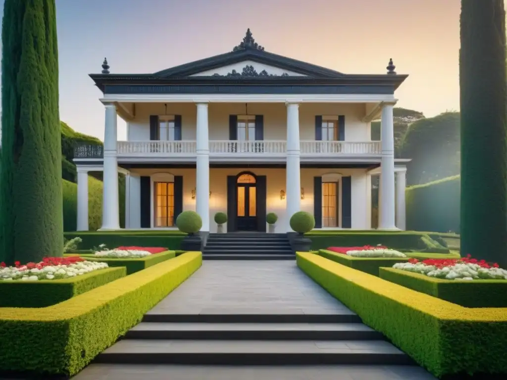 Mansión antigua restaurada: lujo y elegancia en 8k Una mansión antigua bellamente restaurada con detalles arquitectónicos intrincados rodeada de jardines exuberantes
