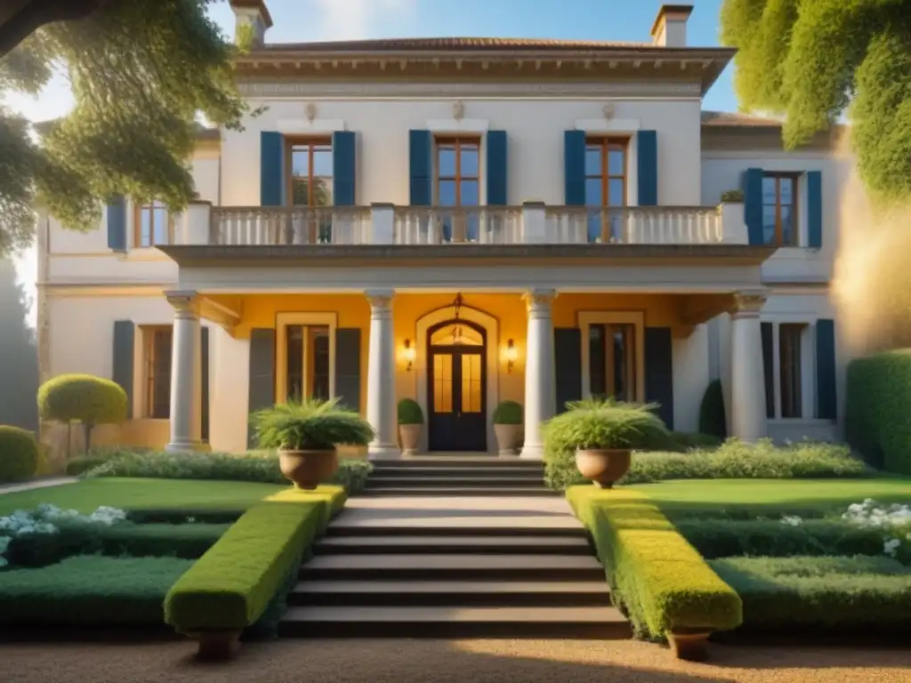 Esplendor centenario: mansión histórica en jardines exuberantes Una mansión centenaria rodeada de exuberantes jardines, con detalles arquitectónicos impresionantes