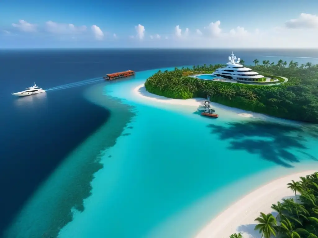 Residencia de lujo en isla privada con vistas al mar Una mansión contemporánea de lujo en una isla privada, con aguas turquesas cristalinas y atardecer dorado