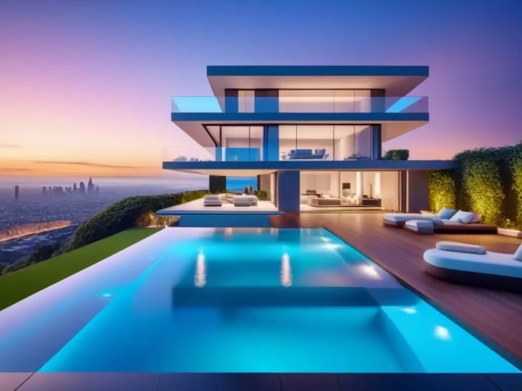 Residencia inteligente de lujo: moderna, opulenta y tecnológica Una mansión inteligente de lujo con tecnología de vanguardia, piscina y atardecer urbano
