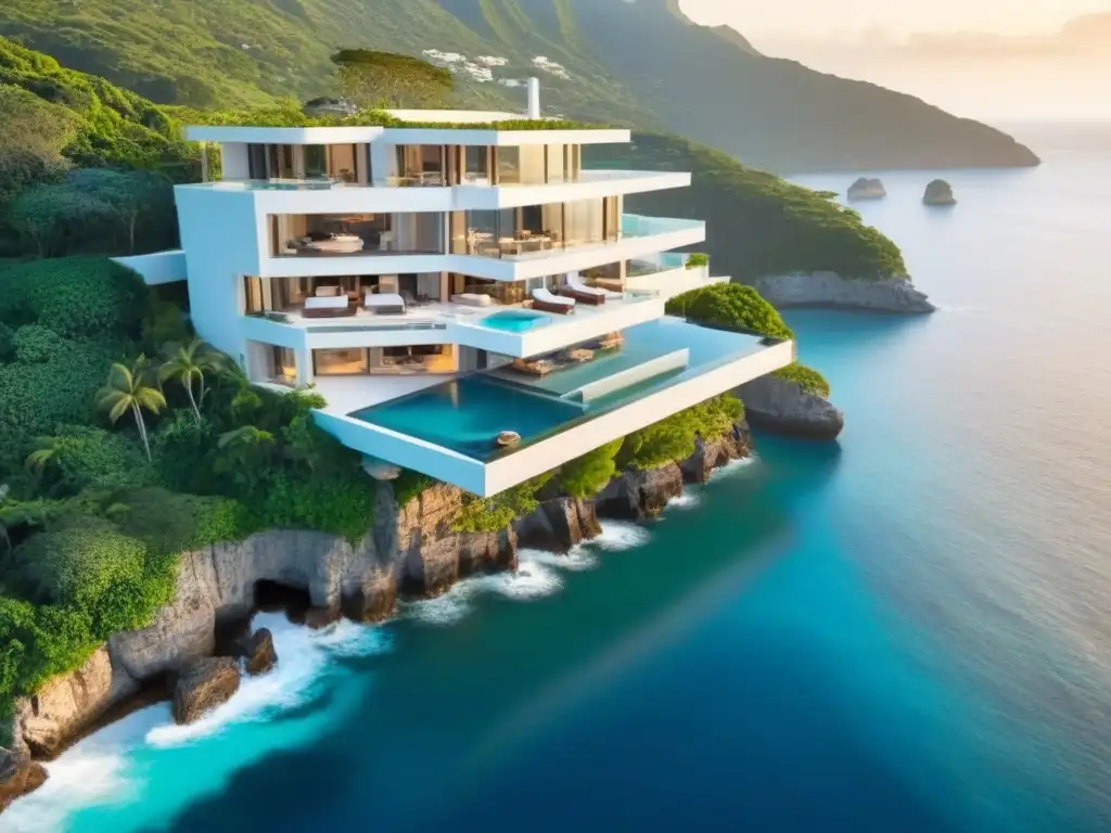Residencia de lujo con vistas al mar: arquitectura moderna y opulenta Una mansión de lujo en acantilado con arquitectura moderna y piscina infinita, rodeada de naturaleza exuberante al atardecer