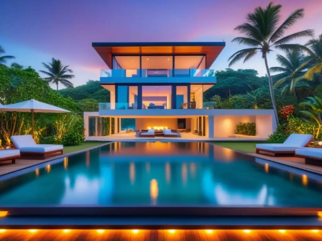 Una mansión de lujo frente a la playa en Oceanía al atardecer, con diseño arquitectónico elegante y vistas panorámicas al mar