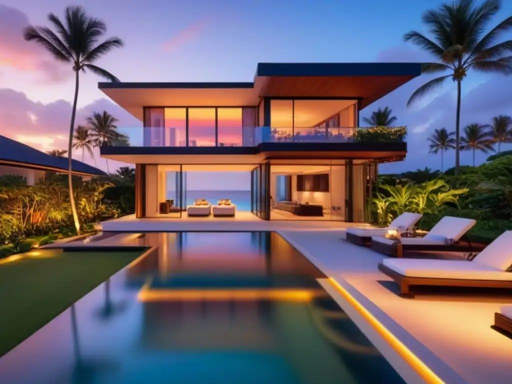 Propiedad de lujo frente al mar al atardecer: exclusividad y elegancia Una mansión de lujo frente al mar al atardecer con diseño moderno, piscina infinita privada y jardín tropical exuberante