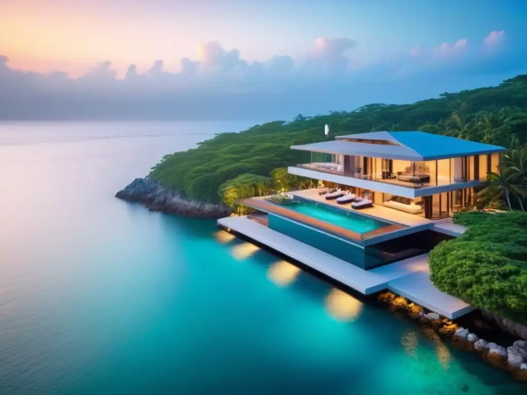 Residencia de lujo frente al mar con piscina infinita y yate privado Una mansión de lujo frente al mar rodeada de exuberante vegetación, con una piscina infinita y yate privado