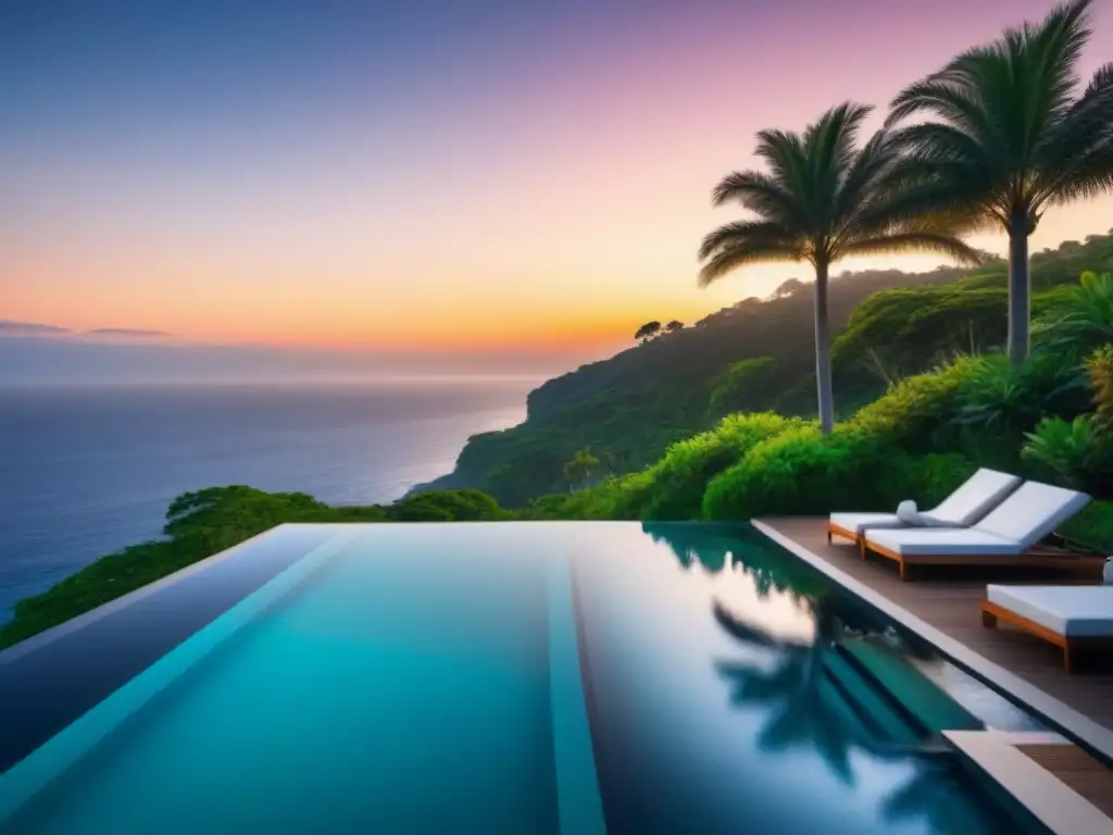 Residencia de lujo en acantilado con piscina infinita y atardecer reflejado Una mansión de lujo con piscina infinita en acantilado frente al mar al atardecer