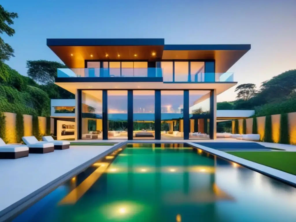 Exclusiva mansión moderna con vistas panorámicas y piscina infinita Una mansión moderna y extravagante con vista a un paisaje verde, piscina infinita y zona de descanso lujosa